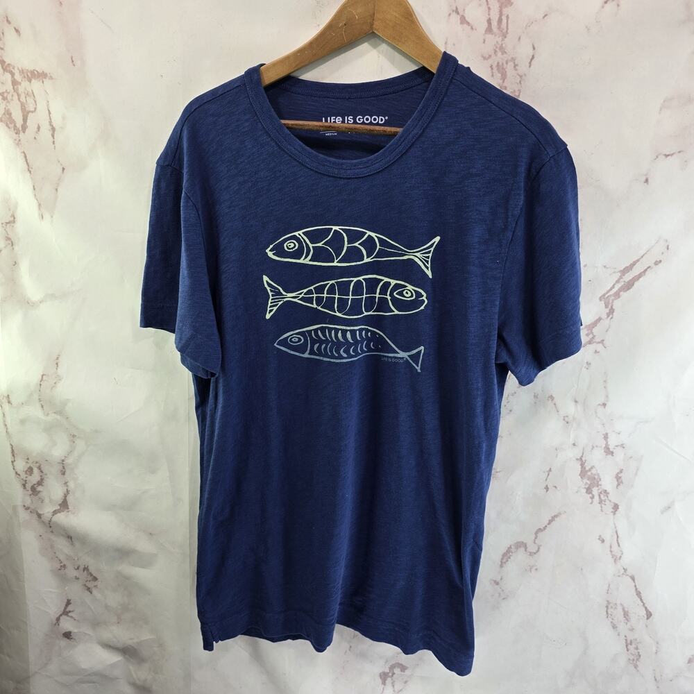 Life Is Good T Shirt Womens Medium Blue Short Sleeve Crew Burnout Fish